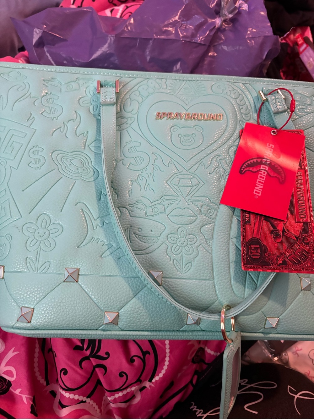 Sprayground Mint Blue Embossed Studded Tote with Red Tag